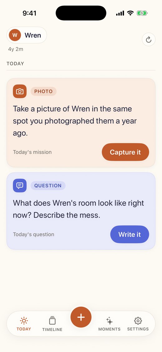 The Today screen showing a photo mission and the day's question.