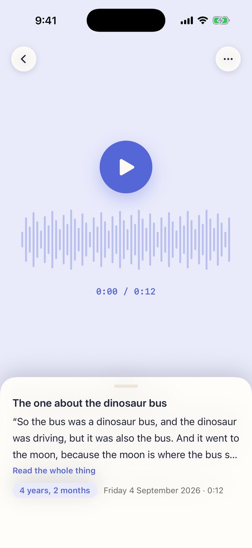 A voice entry open, showing a waveform and the transcript beneath it.