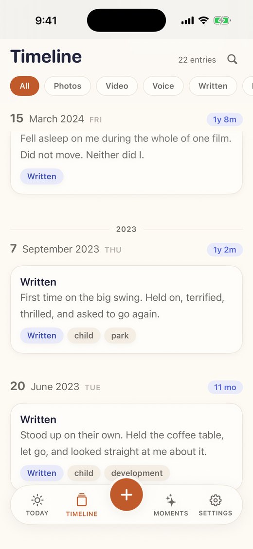 The timeline scrolled to 2023, showing an entry written today and dated back.