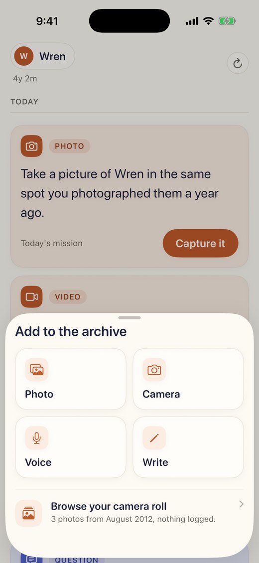 The add sheet: photo, camera, voice, write, and browse your camera roll.