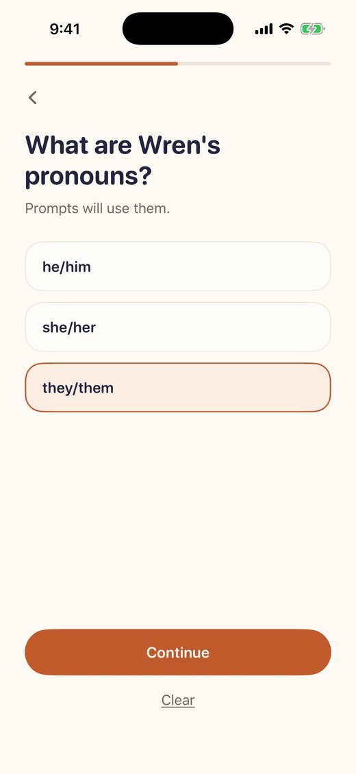 Onboarding asking for the child's pronouns: he/him, she/her, they/them.