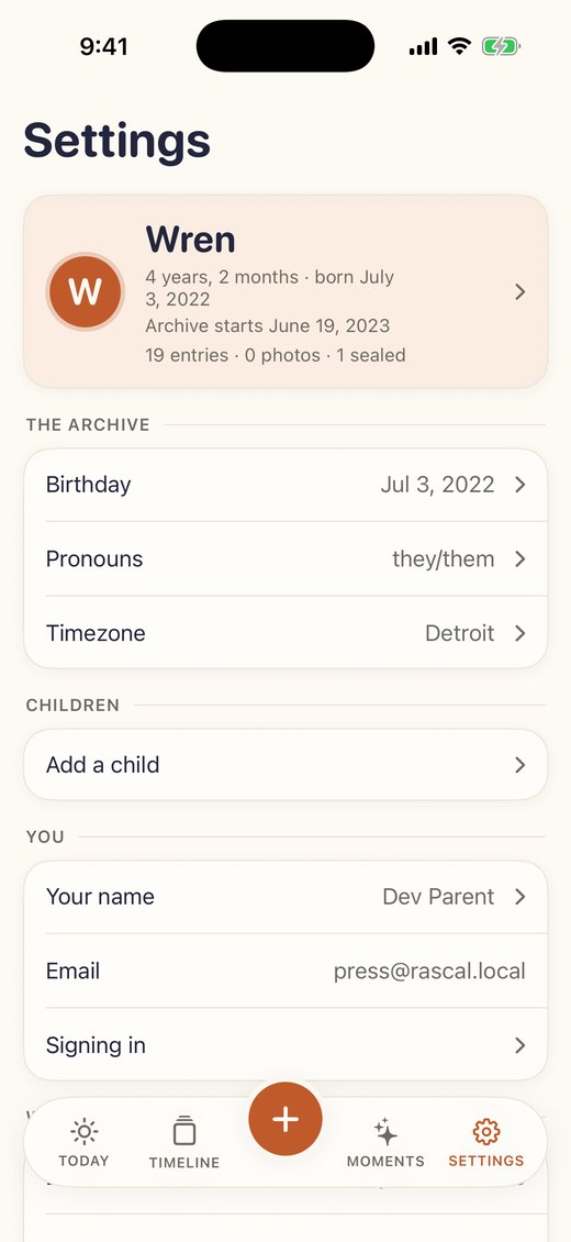 Settings showing the child, birthday, pronouns and timezone.
