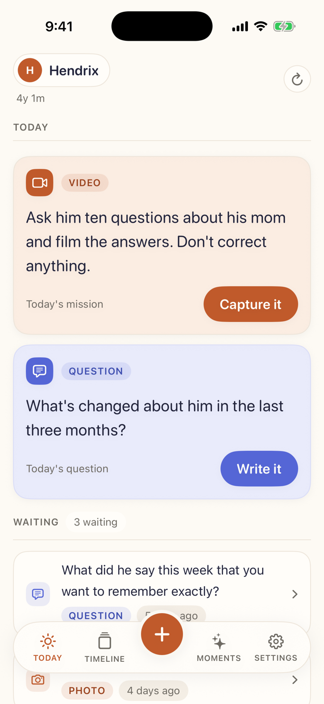 Vellum's Today screen: a video mission and a question stacked as tinted cards, with Capture it and Write it buttons
